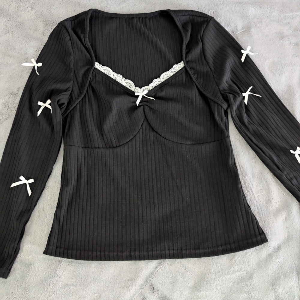 SHEIN Black Ribbed Long Sleeve Top